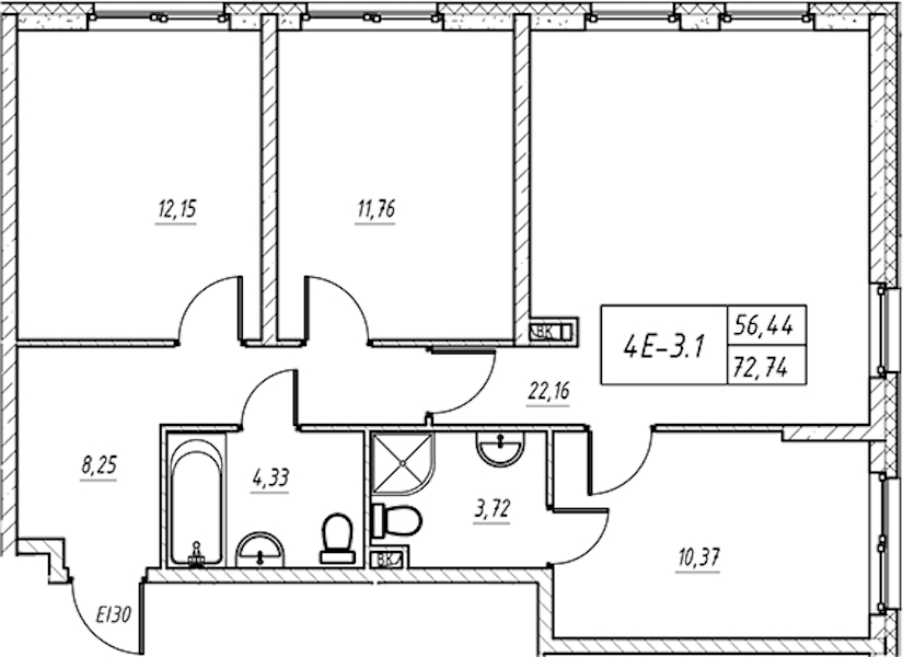 3-комнатная квартира 73.15 м², 12/14 эт., Комплекс апартаментов «Zoom на Неве»